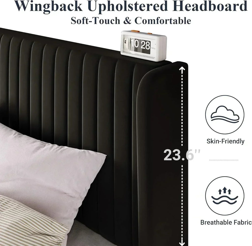 Allewie Full Size Velvet Bed Frame Vertical Channel Tufted Wingback Headboard Upholstered Bed